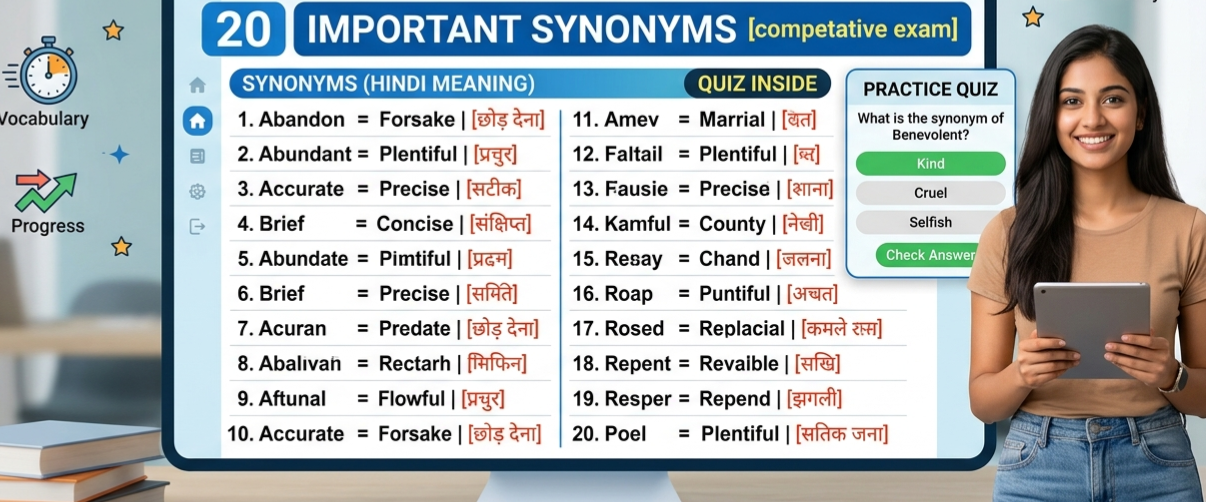 Best for Competitive Exams: 20 Important Synonyms with Hindi Meaning & Quiz for SSC, UPSC