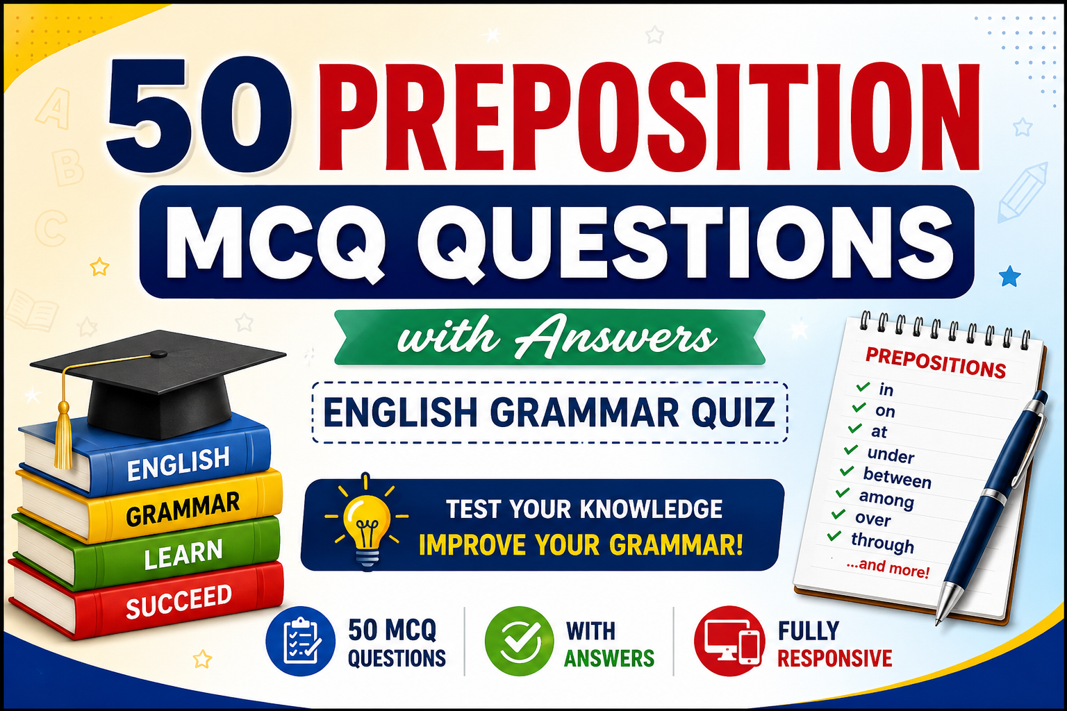 50 Preposition MCQ Questions with Answers | English Grammar Quiz 2026