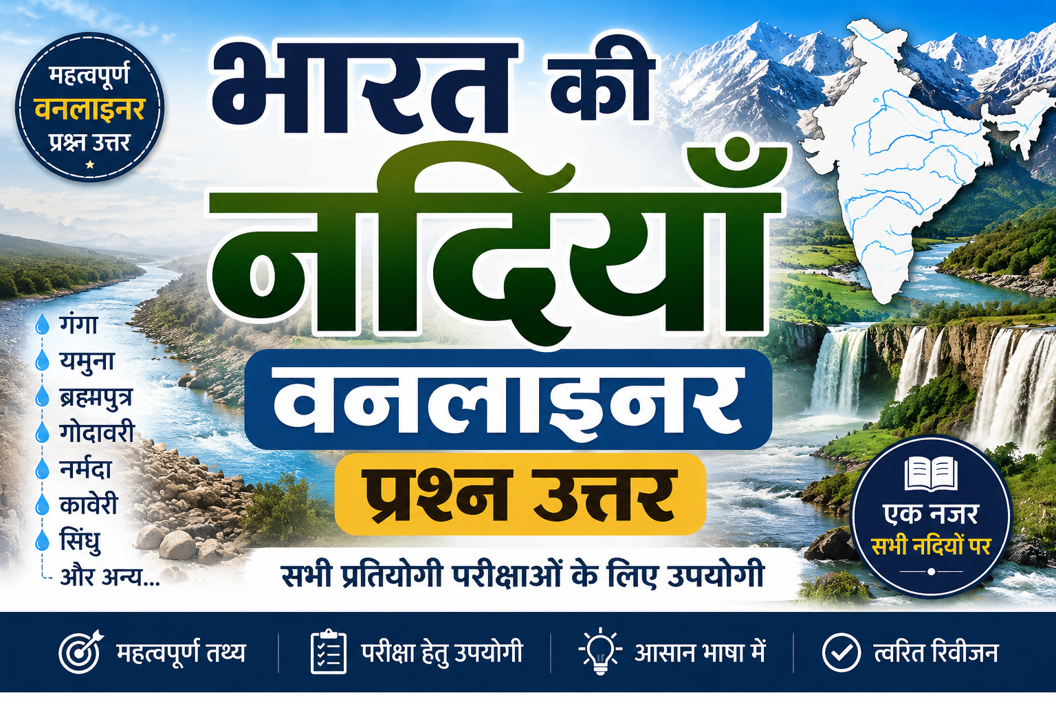 भारत की नदियाँ वनलाइनर प्रश्न उत्तर | India Rivers One Liner GK in Hindi