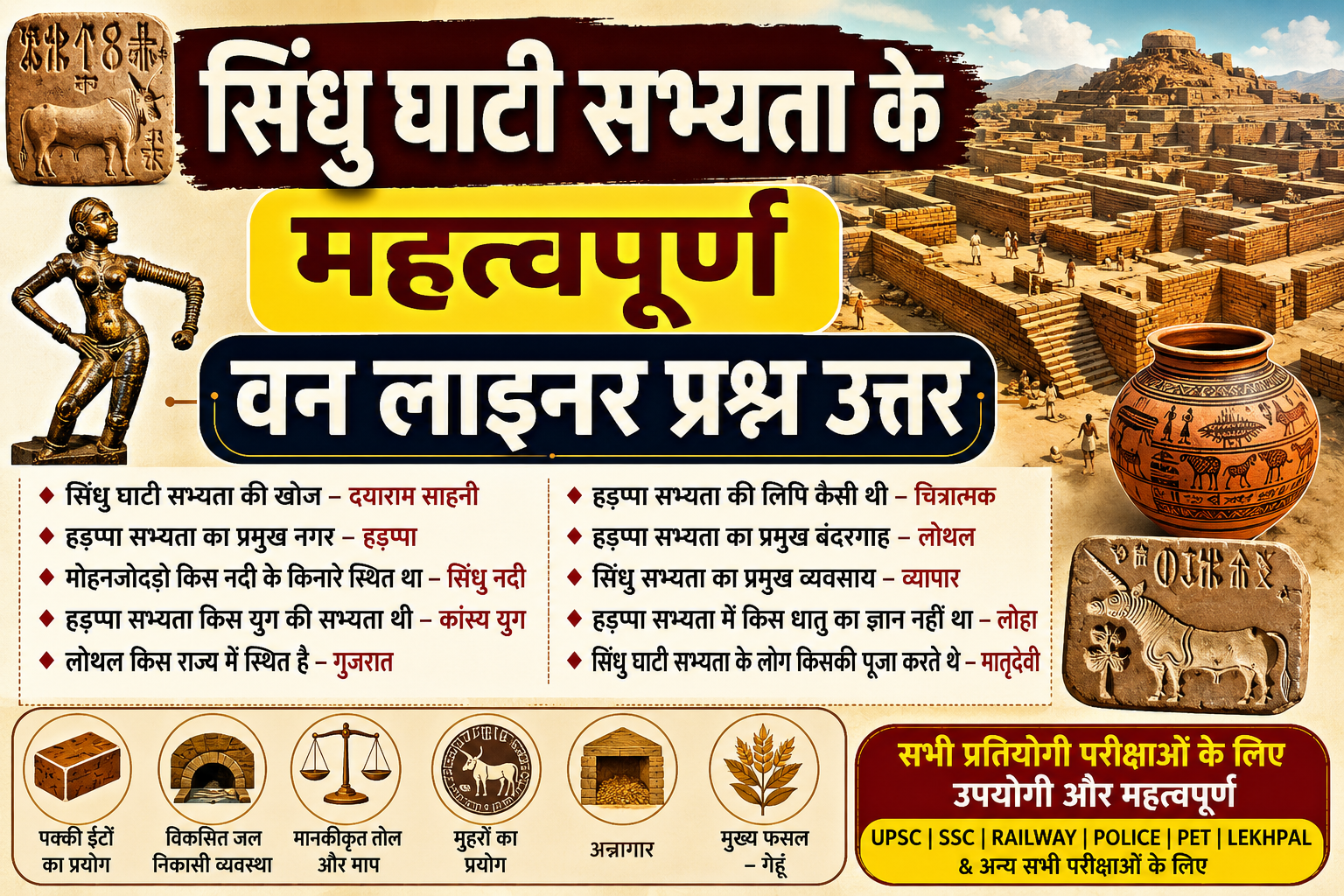 सिंधु घाटी सभ्यता के 100 महत्वपूर्ण वन लाइनर प्रश्न उत्तर | Indus Valley Civilization One Liner Questions Answers in Hindi