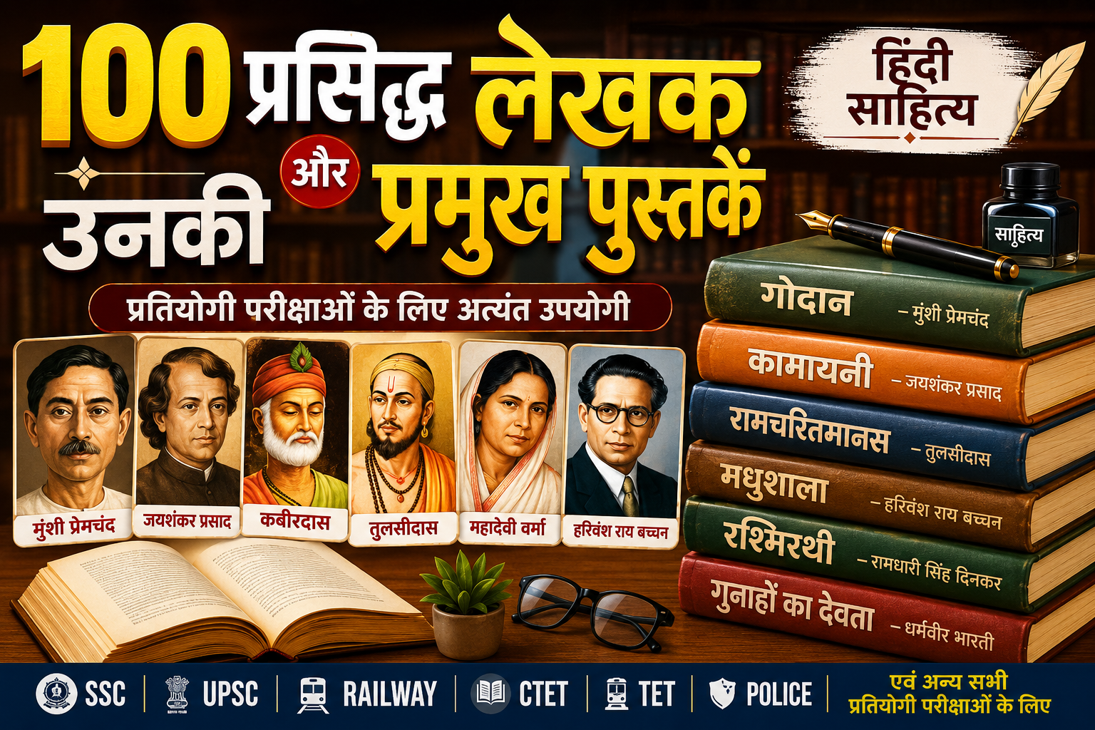 100 लेखक और उनकी प्रसिद्ध पुस्तकें | Hindi Literature Writers and Books