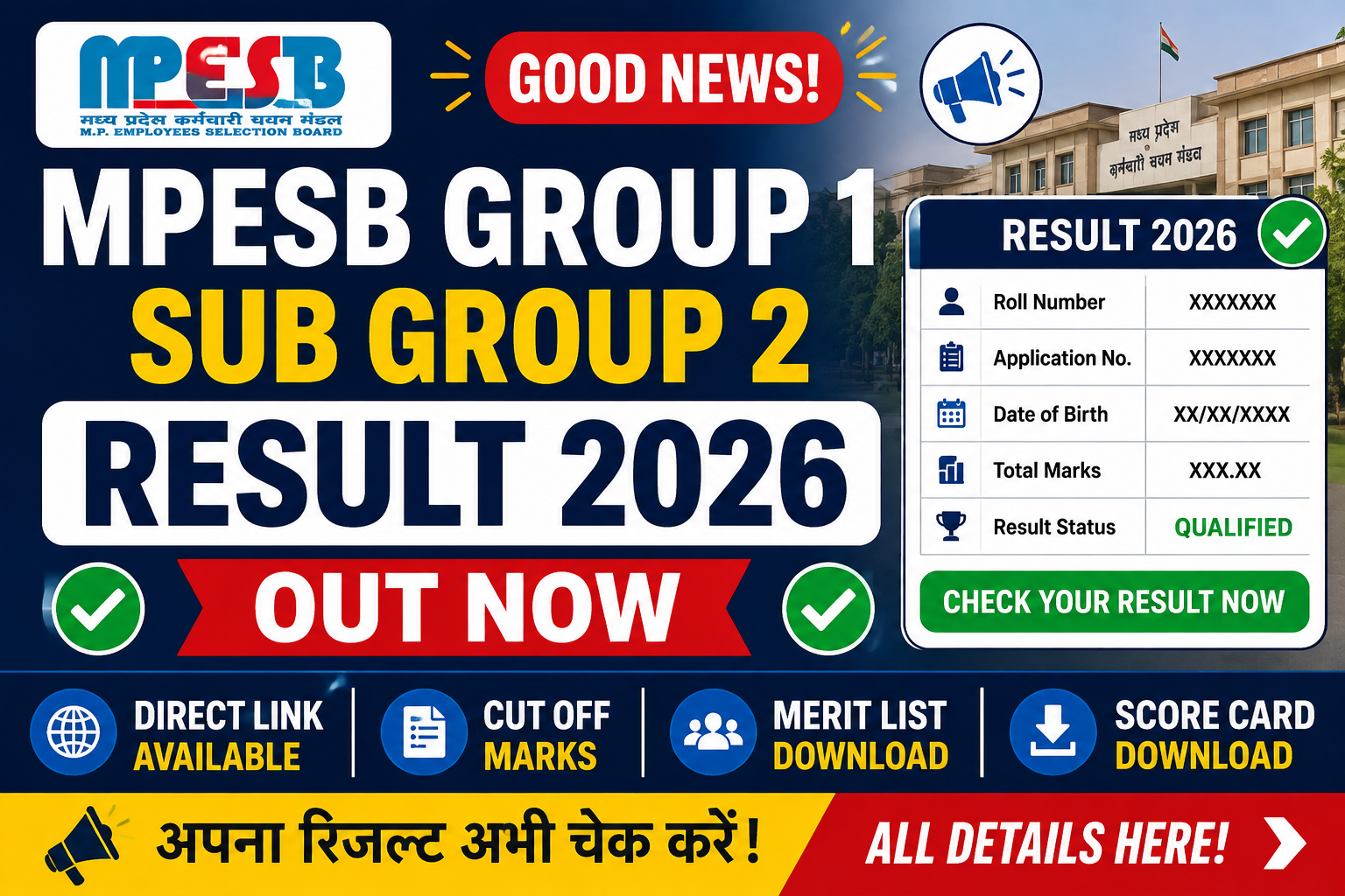 MPESB Group 1 Sub Group 2 Result 2026: रिजल्ट जारी, Direct Link, Cut Off, Merit List और Score Card की पूरी जानकारी-monusir